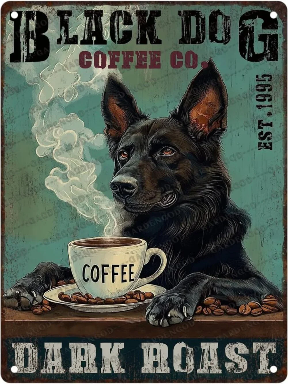 Vintage Black German Shepherd Dog Metal Sign | Coffee & Home Decor | 16x12 Inch